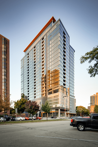 Rendering of a tall multifamily building made of mass timber