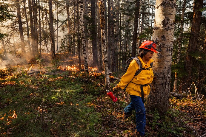 Gitanyow Elder Darlene Vegh with fire behind her in the forest