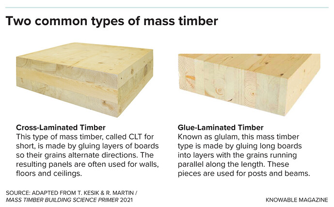 Two blocks of mass timber wood, one with boards running lengthwise called glue-laminated timber and the other widthwise called cross-laminated timber.