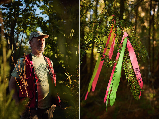 First image: Tom Baxter, who has been a spotted owl surveyor for 14 years, at his home in Dexter, Oregon. Baxter, who surveyed the Blue and Gold project area for the Bureau of Land Management, said the project was rushed and short-staffed, and that the equipment he was given was not high quality. Second image: Spotted owl survey markers in the Yellow Creek area.