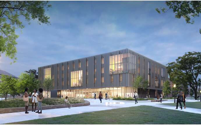 A rendering of the outside of the Sustainable Engineering Laboratories building at the University of Massachusetts Amherst, which is expected to be completed in 2026. The building design won the grand prize for new construction in the state's embodied carbon reduction challenge.