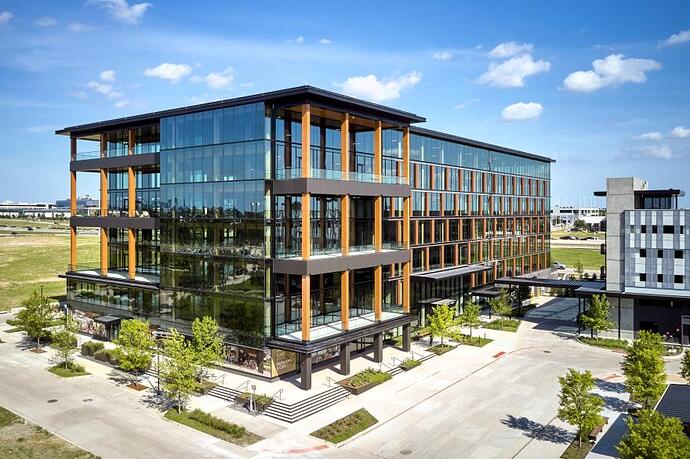 Southstone Yards, the largest mass timber office building in the Dallas-Ft. Worth area incorporates SmartLam cross-laminated timber and glulam columns and ceilings. (Image courtesy of SmartLam)