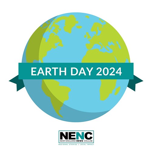 An illustrated earth is wrapped in a ribbon that reads Earth Day 2024, over a logo for the New England News Collaborative