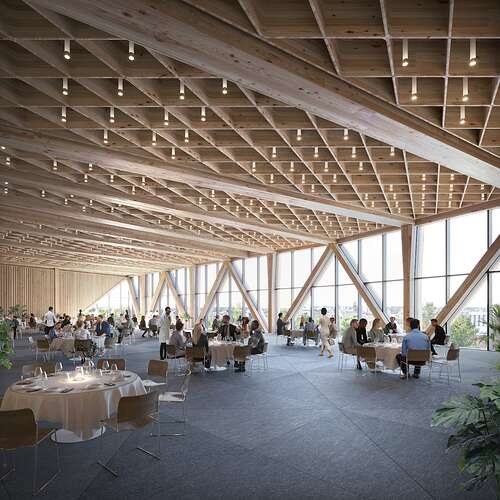 The first of two renderings of the inside of the Treehouse at Harvard University, illustrating the use of mass timber in the building, which requires less carbon than manufacturing steel or concrete.