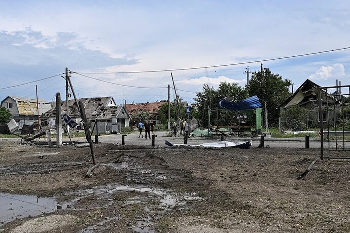 A village is in ruins after Russian air strikes in Ukraine.