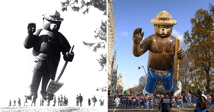 Two pictures of the Smokey balloons featured in the Macy’s Thanksgiving Day Parade were taken many decades apart with the black and white photo from 1968 and the color picture from 2019.