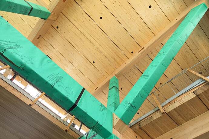 Engineered wood beams that form part of the new Academic Wood Tower on the University of Toronto campus. Toronto, Ont.