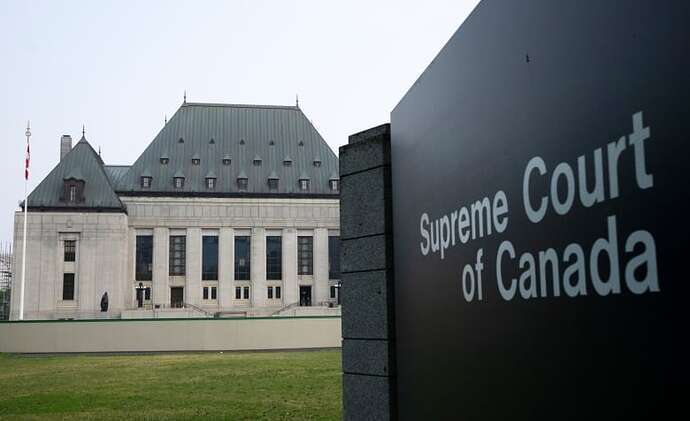 A building is shown in the background, with a sign that reads Supreme Court of Canada shown in the foreground.