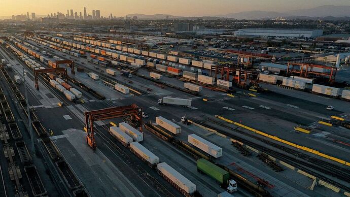 PHOTO: A view of gantry cranes, shipping containers and freight railway trains ahead of a possible strike if there is no deal with the rail worker unions, at the Union Pacific Los Angeles Intermodal Facility rail yard in Commerce, Calif., Sept. 15, 2022.