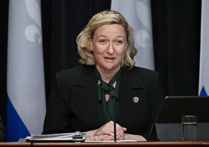 Woman seated in front of Quebec flags