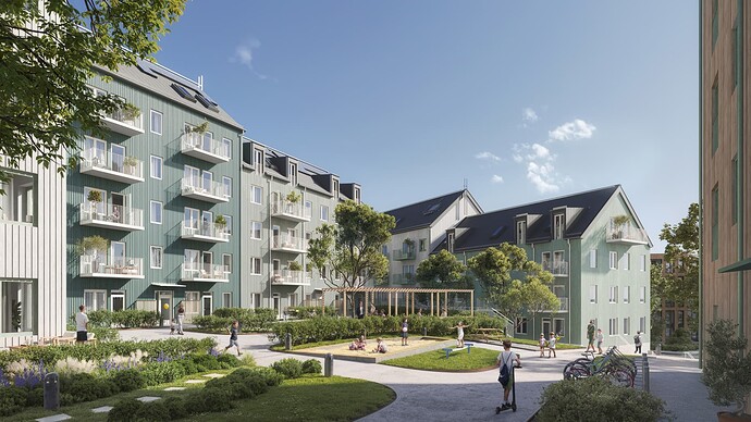 A computer-generated image showing the exterior of an apartment at Kvarter 7, a residential building at Stockholm Wood City.