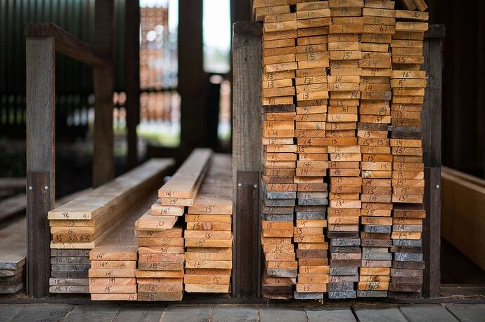 Stacks of cut boards at a sawmill in Sooke, British Columbia.