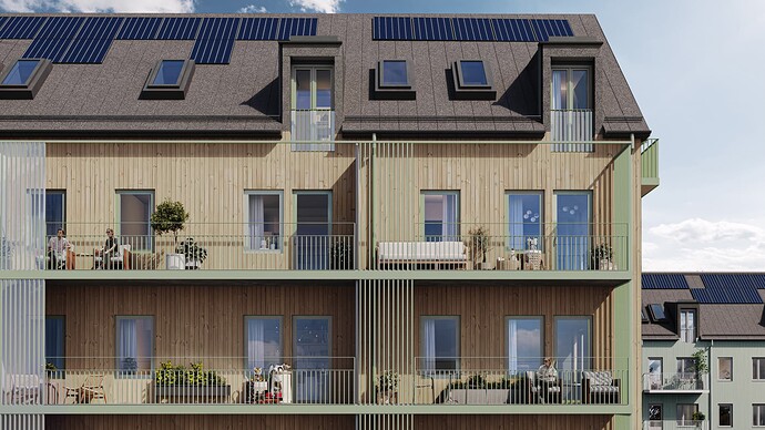 A computer-generated image showing the exterior of an apartment at Kvarter 7, a residential building at Stockholm Wood City.