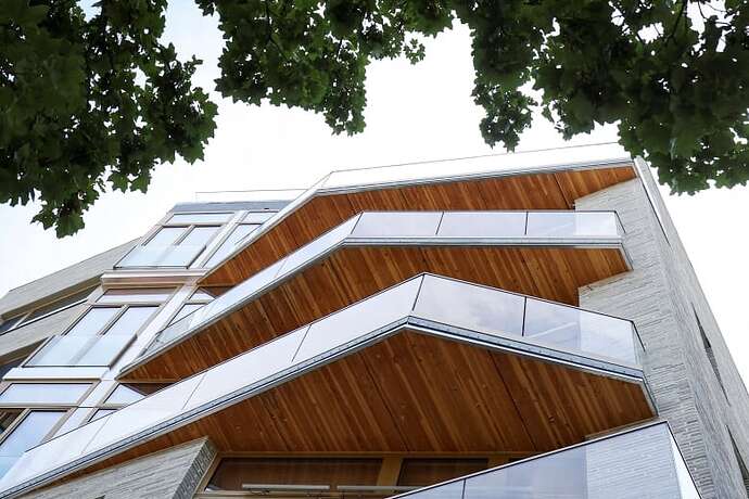 The exterior of a mass timber condo building in New York City.