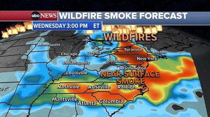 PHOTO: A graphic shows a forecast of smoke on the eastern United States as wildfires continue to burn in Canada, on Wednesday, June 7, 2023.
