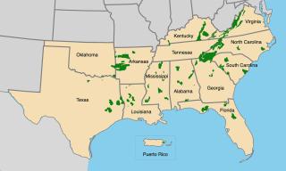 Map of the USDA Forest Service Southern Region, including Alabama, Arkansas, Georgia, Florida, Kentucky, Louisiana, Mississippi, North Carolina, Oklahoma, South Carolina, Tennessee, Texas and Virginia.
