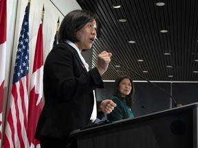 Minister of Economic Development, Minister of International Trade and Minister of Small Business and Export Promotion Mary Ng, right, looks on as United States Trade Representative Katherine Tai speaks during a joint news conference in Ottawa, Thursday, May 5, 2022. Two U.S. lawmakers are urging the Biden administration's trade ambassador to make a deal with Canada on softwood lumber.
