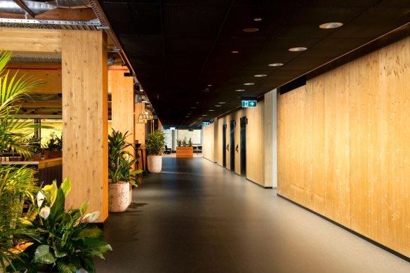 The lobby at Lendlease’s all-timber building at 25 King Street, Brisbane.