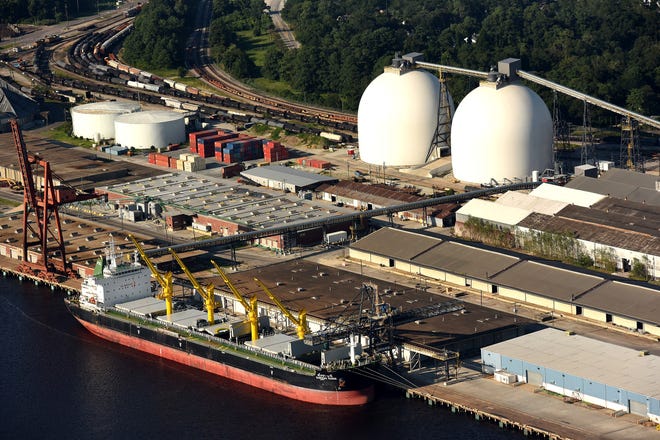 Enviva has built two large domes at the Port of Wilmington. The structures are used to store wood pellets before they are exported to Europe.