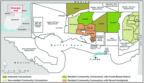 A line map showing forestry concession areas in Guatemala.