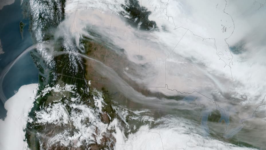 This image, from the Geostationary Operational Environmental Satellite 18 (GOES-18), shows smoke from the fires sweeping over southern Canada as well as North Dakota, Minnesota, and several other states on May 15, 2023.